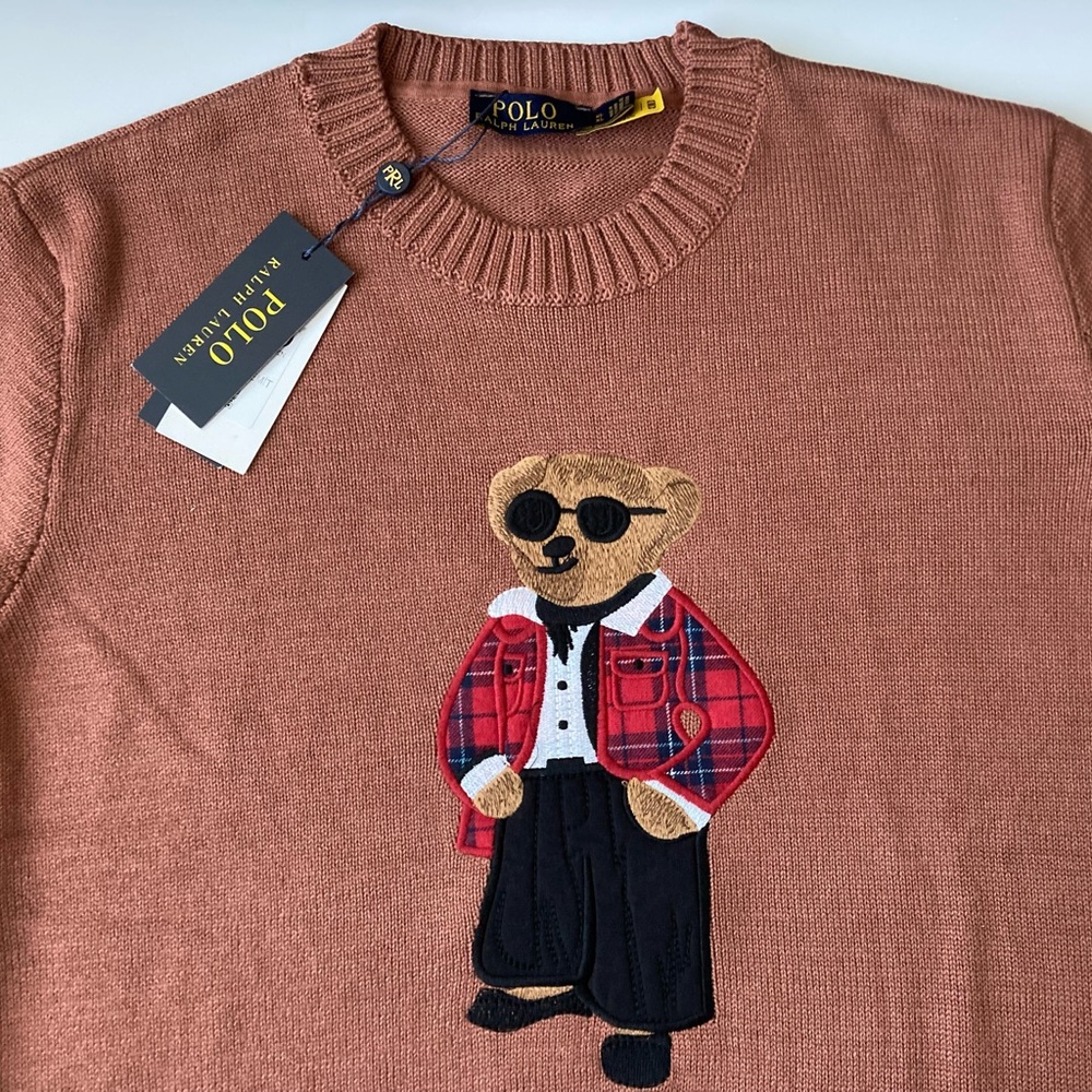 Polo Bear Ralph Lauren Knit Sweater Brown 100% Cotton 2XL Crew Neck Women’s New